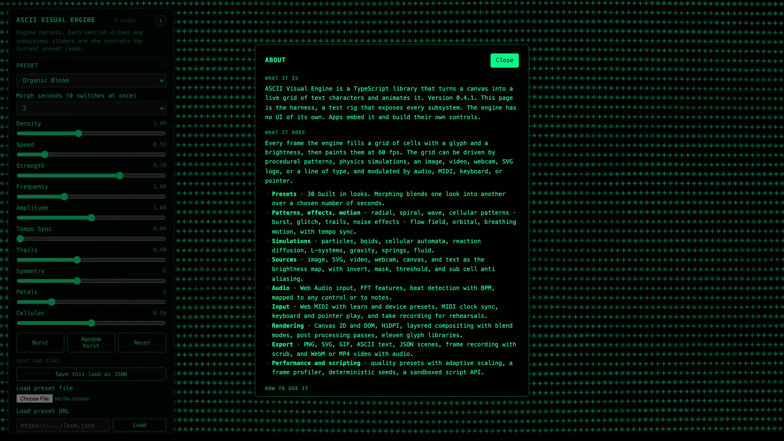The harness About page listing what the engine is, what it does, and how to use it, version 0.4.1