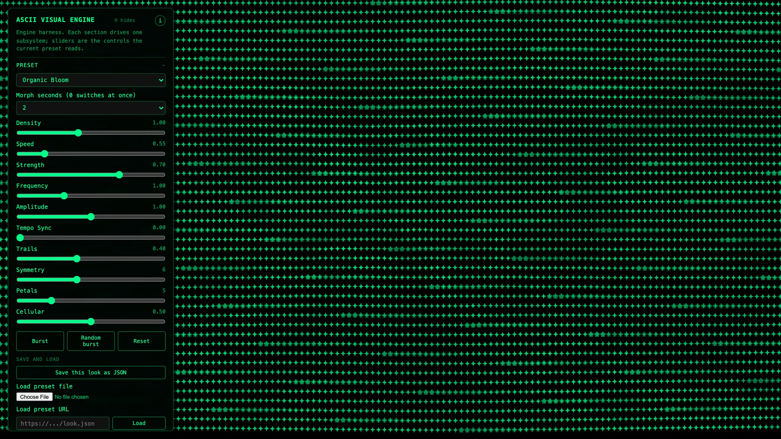 The engine harness: the Preset section open with its sliders, morph seconds, and save and load, over the Organic Bloom look