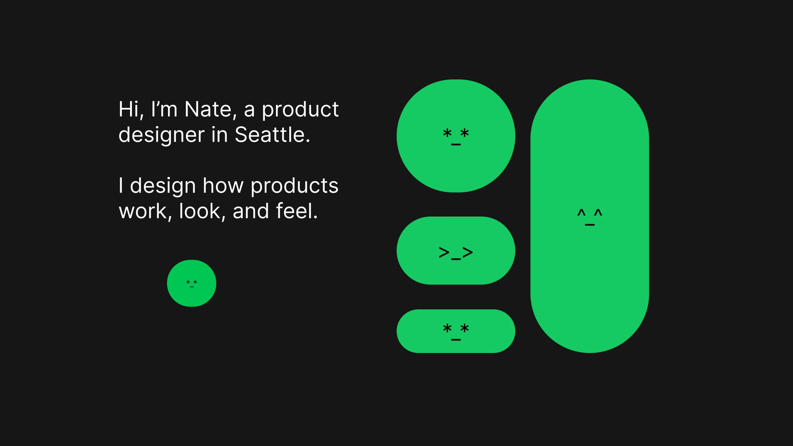 Ask Nate visual direction with green character shapes and introductory portfolio copy