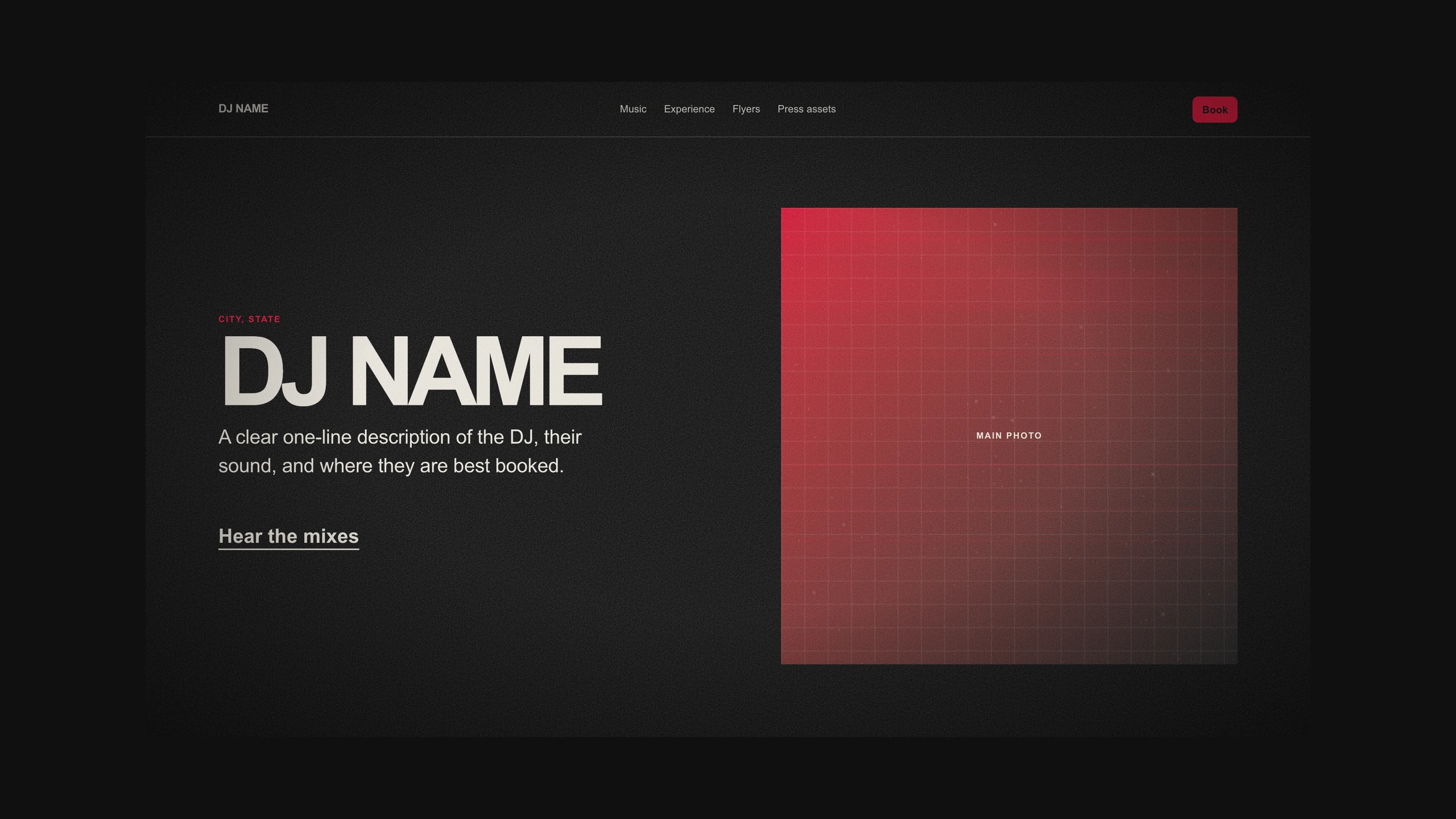 The demo fixture: every section filled with placeholder copy under the name DJ NAME