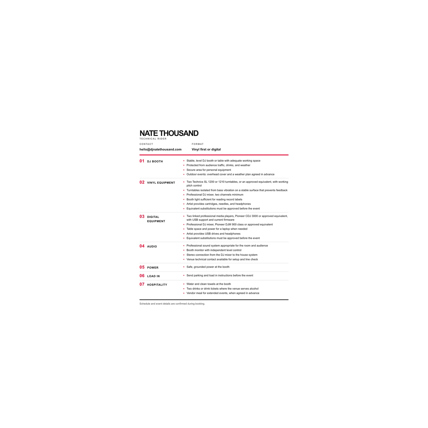 The Nate Thousand technical rider, a printable one sheet with seven numbered sections