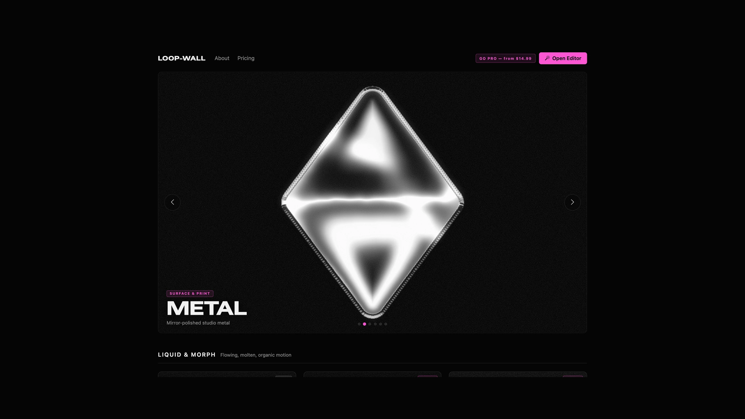 The Loop Wall gallery: a featured Metal preset animating live above rows of effect families