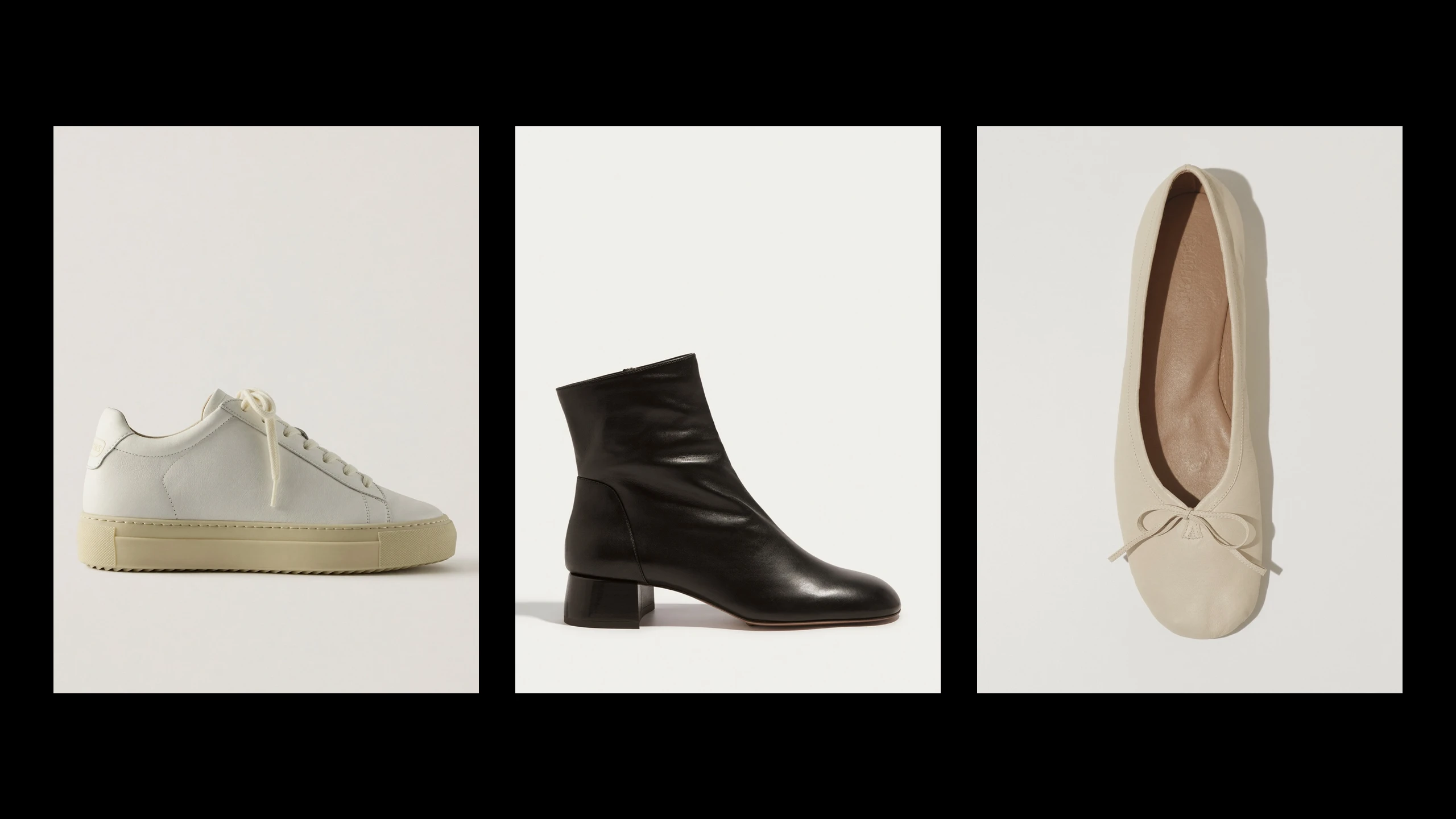 Closet items, generated: a white sneaker, a black ankle boot, a ballet flat