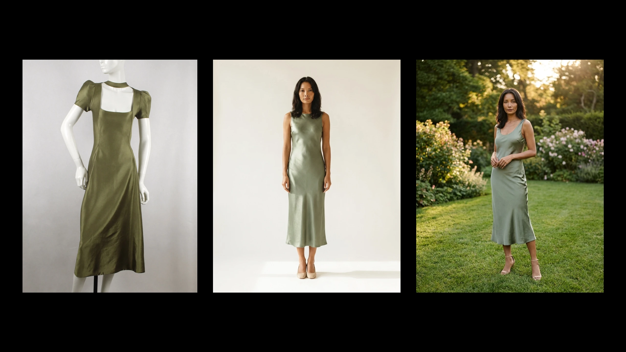 The sage satin midi dress as a product, on Maya, and in the wedding garden
