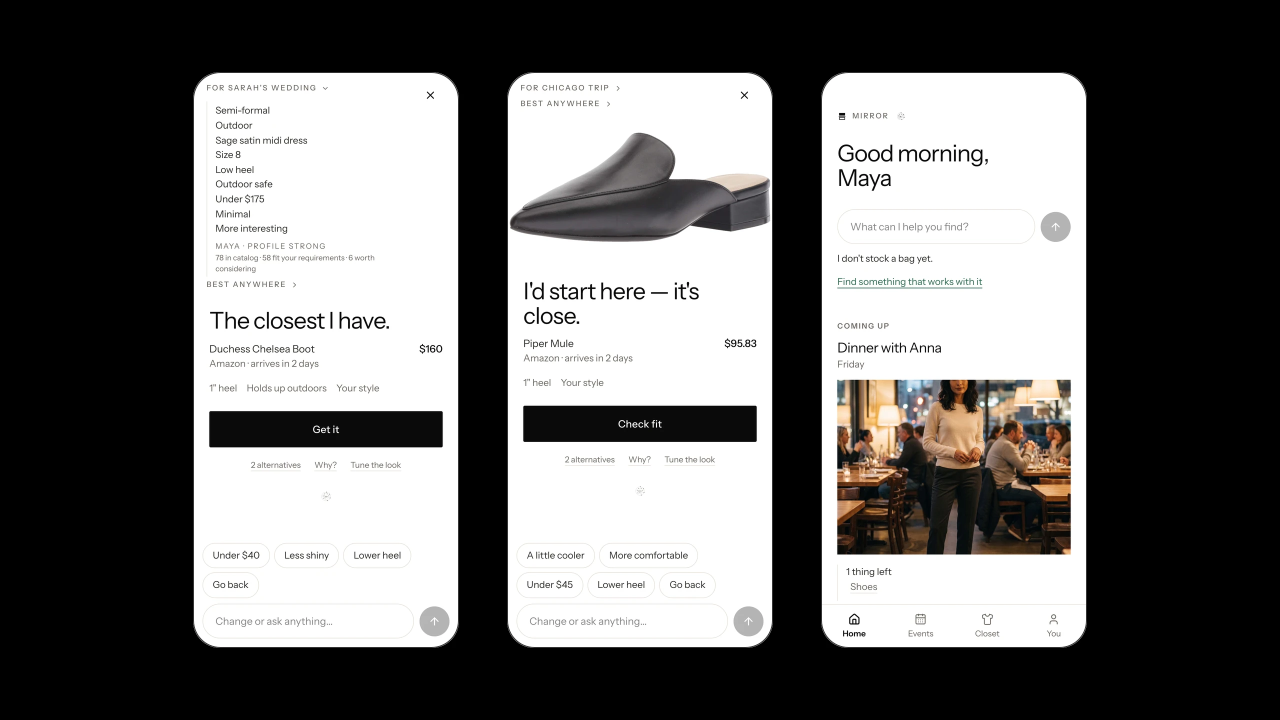 The Intent Lens funnel counted from data, Chicago's walking need answered with a flat, and an honest decline: I don't stock a bag yet