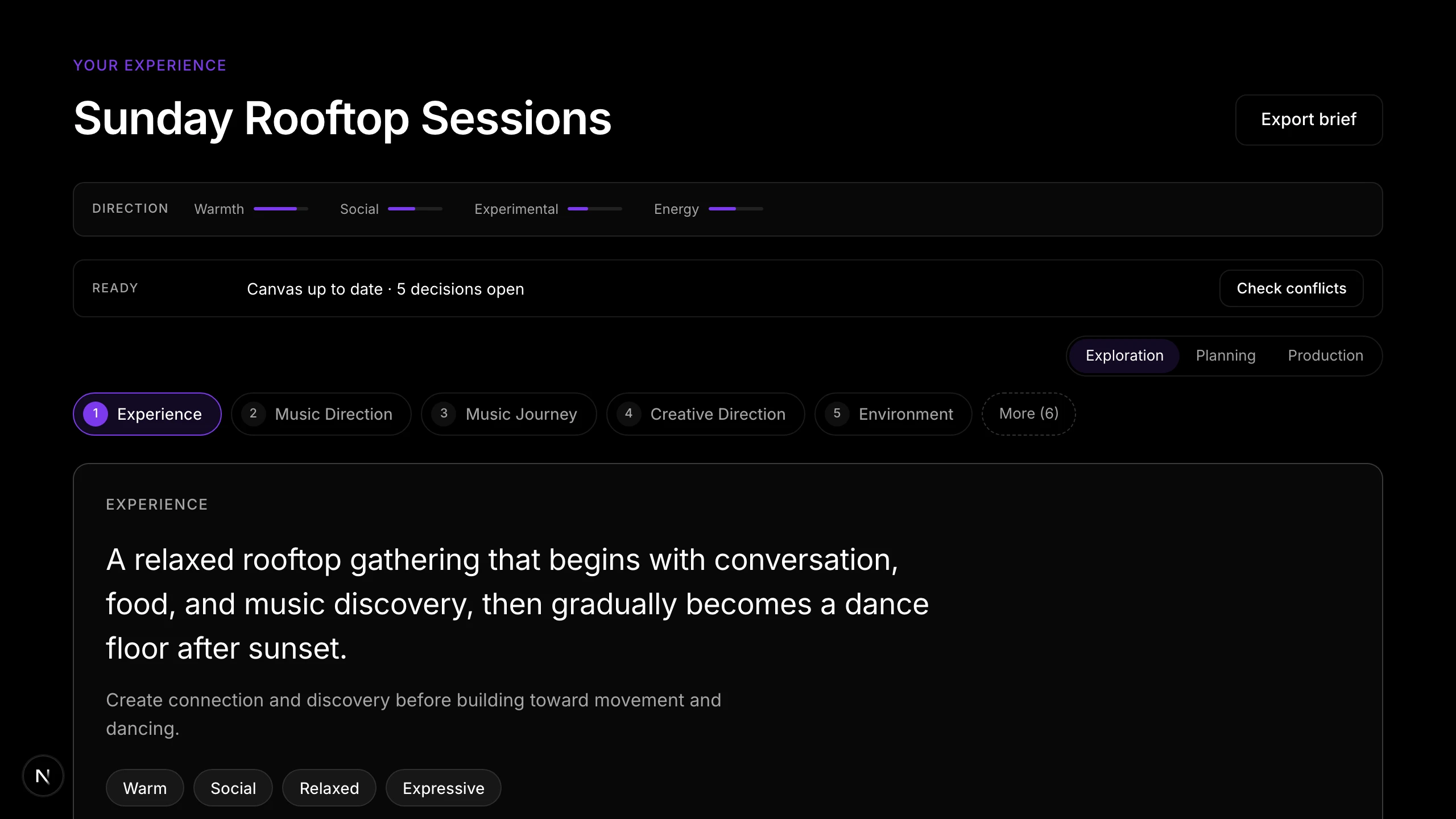 The Night Builder canvas for Sunday Rooftop Sessions: direction signature, the Ready activity bar with five decisions open, the stage switch, the rail of sections, and the experience statement with its working assumptions
