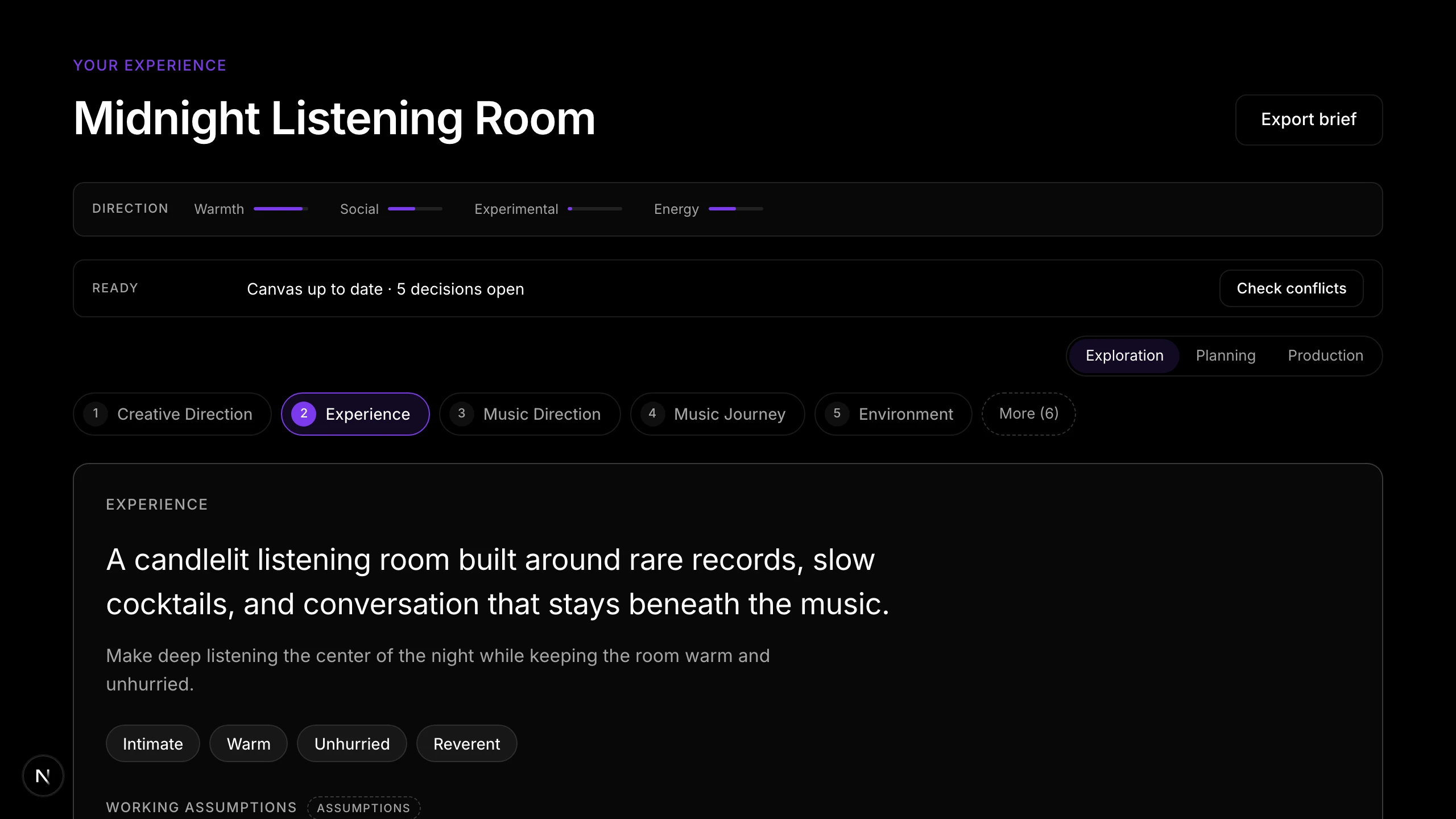 Midnight Listening Room: the same canvas structure generated from the Listening bar intent