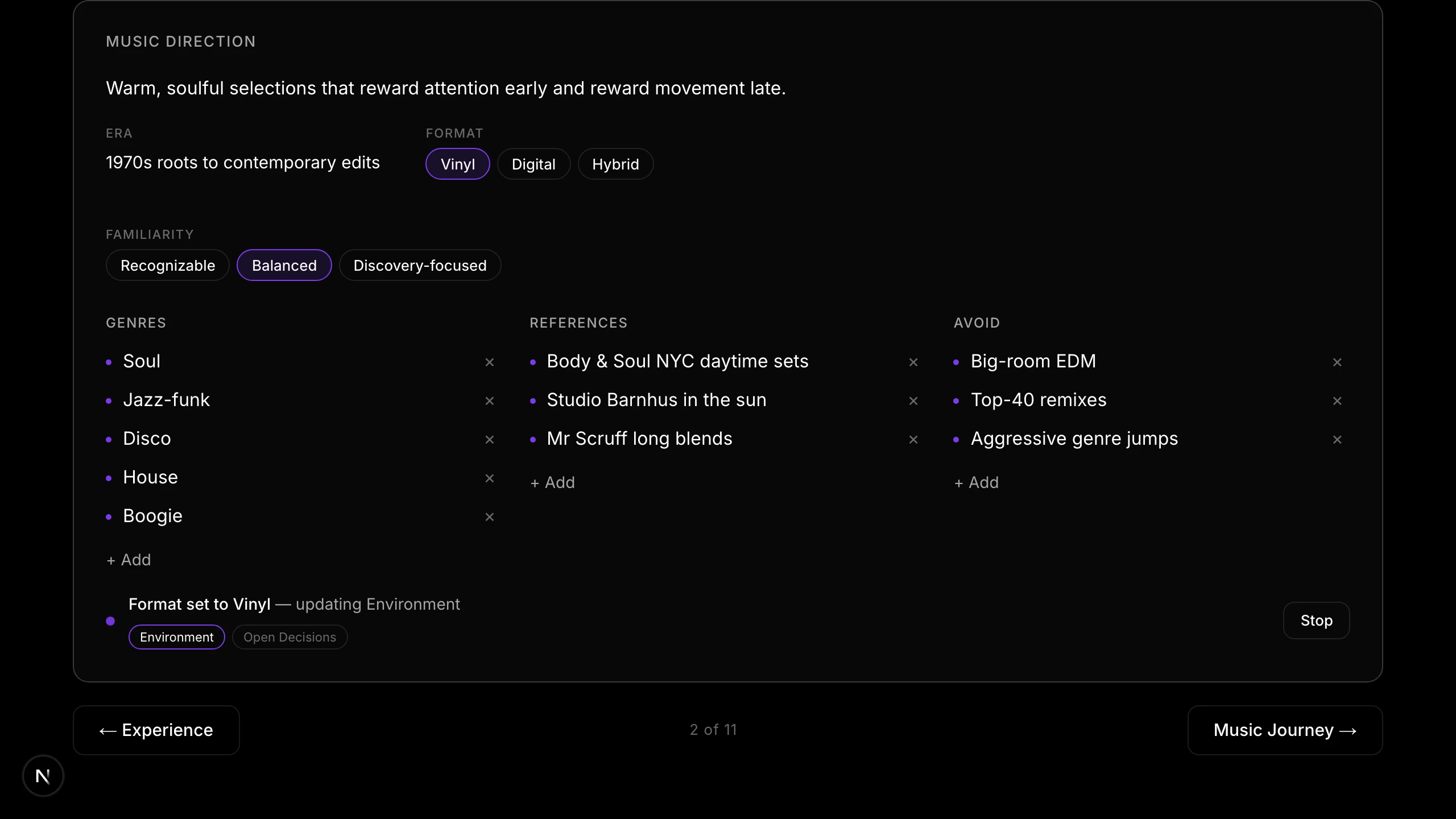 Acting: the activity bar reads Format set to Vinyl, updating Environment, with a Stop control, while the Music Direction section updates