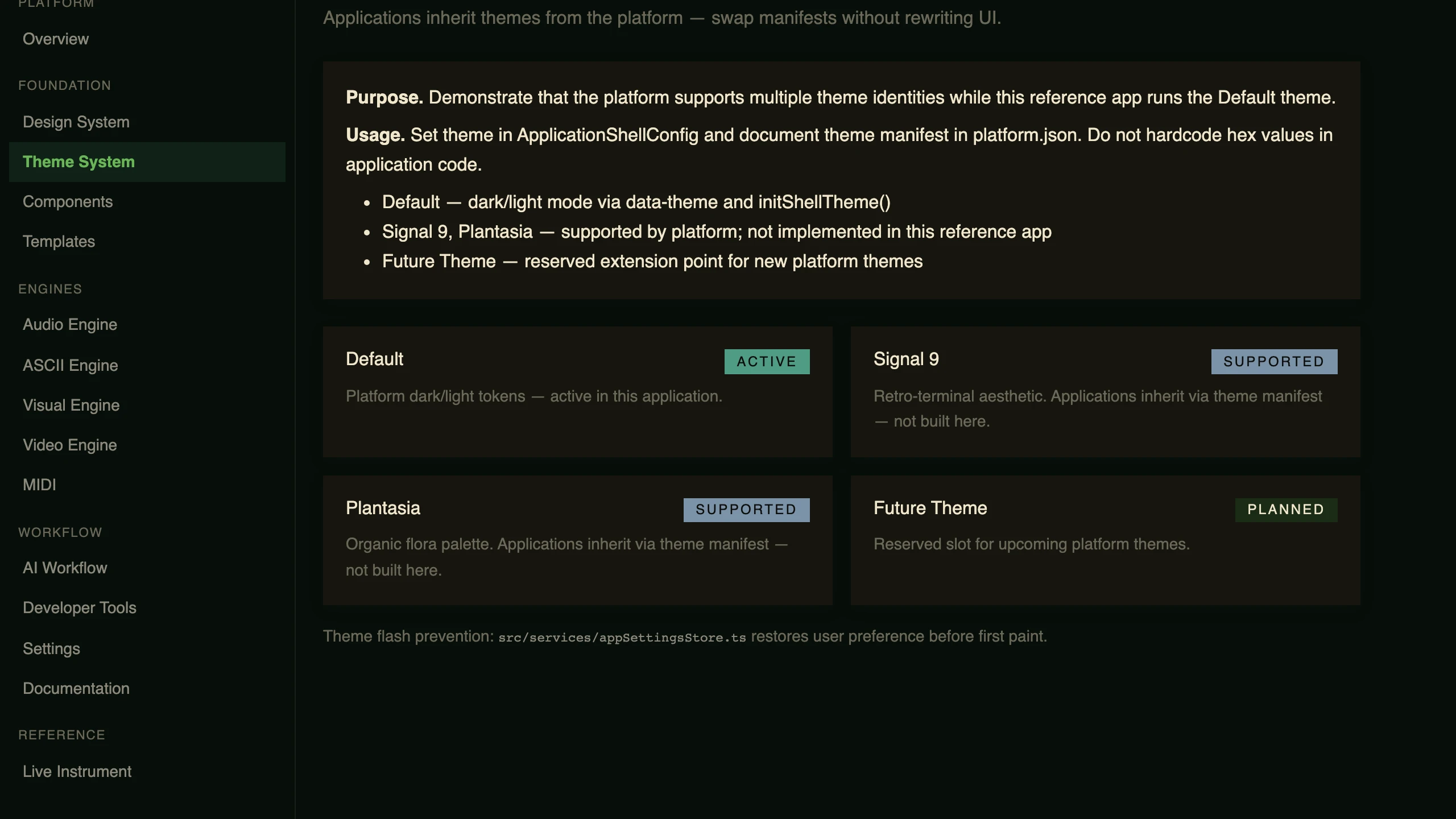 Four theme slots: Default active, Signal 9 and Plantasia supported, Future Theme planned