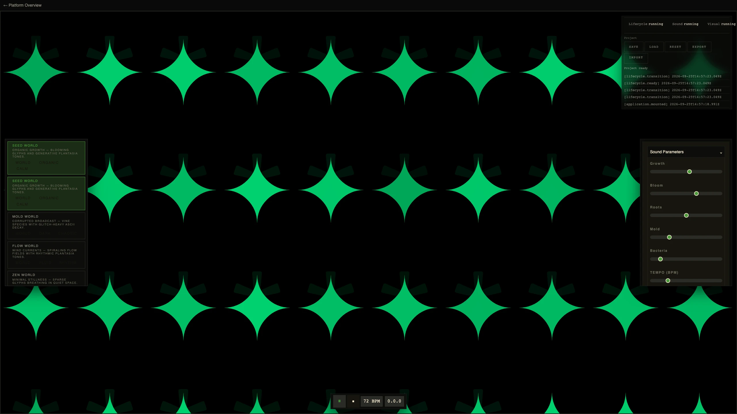 Visual parameters: density, speed, glitch and trails, over the running glyph field