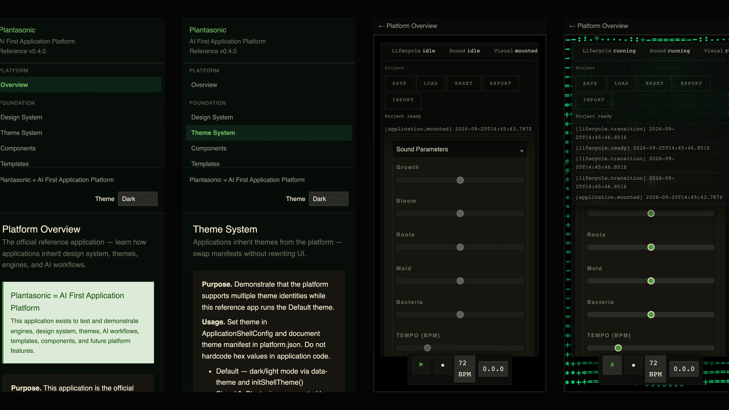Plantasonic on a phone: the platform overview, the theme slots, the instrument, and the instrument playing