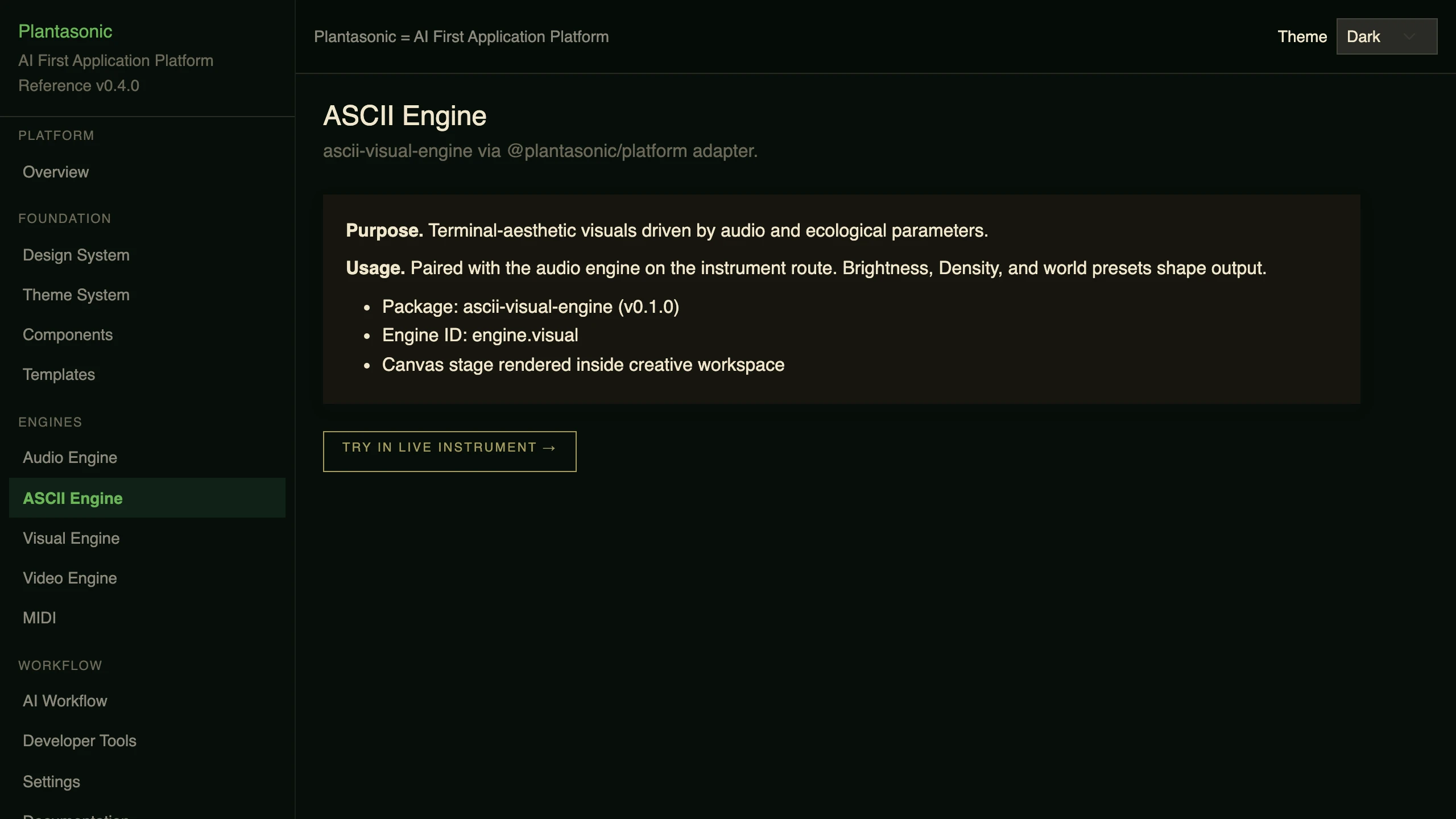 The ASCII Engine section of the Plantasonic reference application