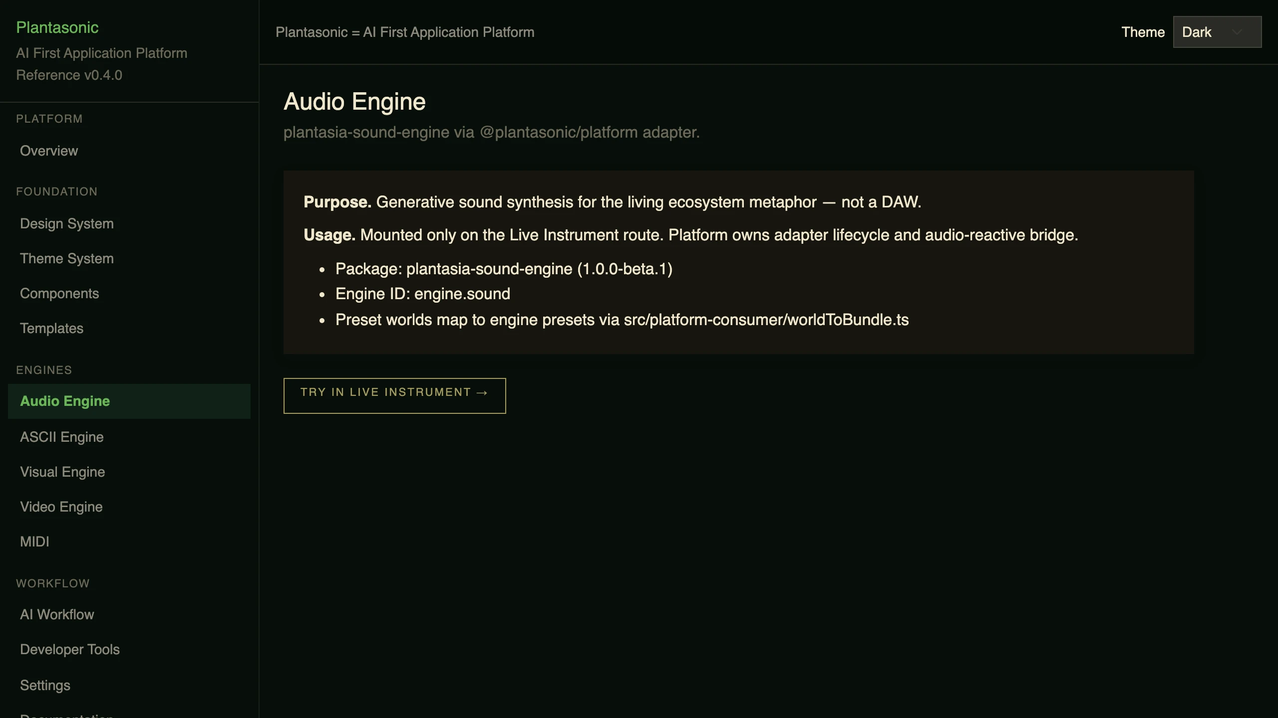 The Audio Engine section of the Plantasonic reference application