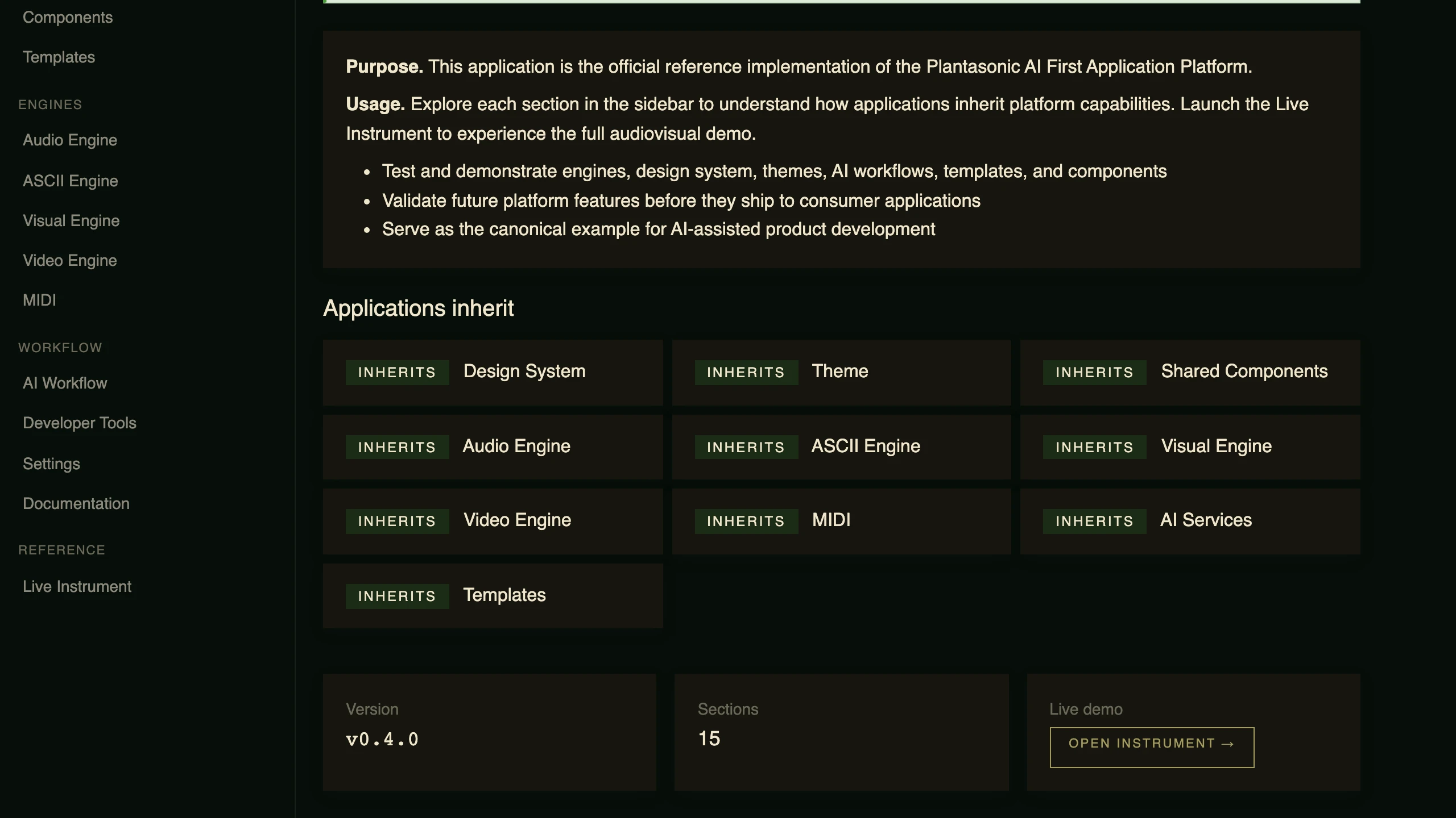 The Applications inherit grid: design system, theme, shared components, audio engine, ASCII engine, visual engine, video engine, MIDI, AI services and templates, with version 0.4.0 and fifteen sections