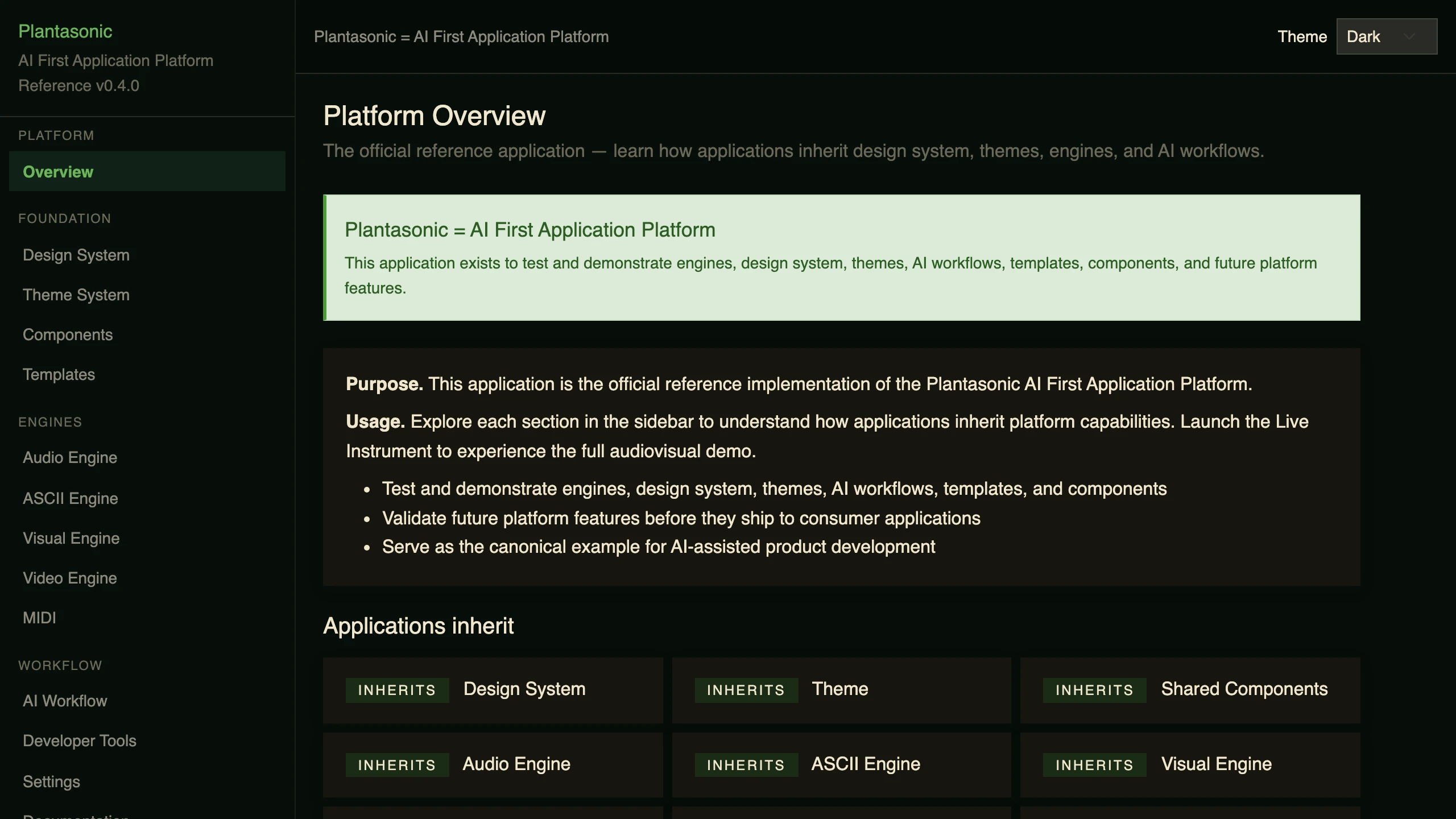 Platform Overview: Plantasonic described as an AI First Application Platform, with the list of what this reference application exists to test and demonstrate