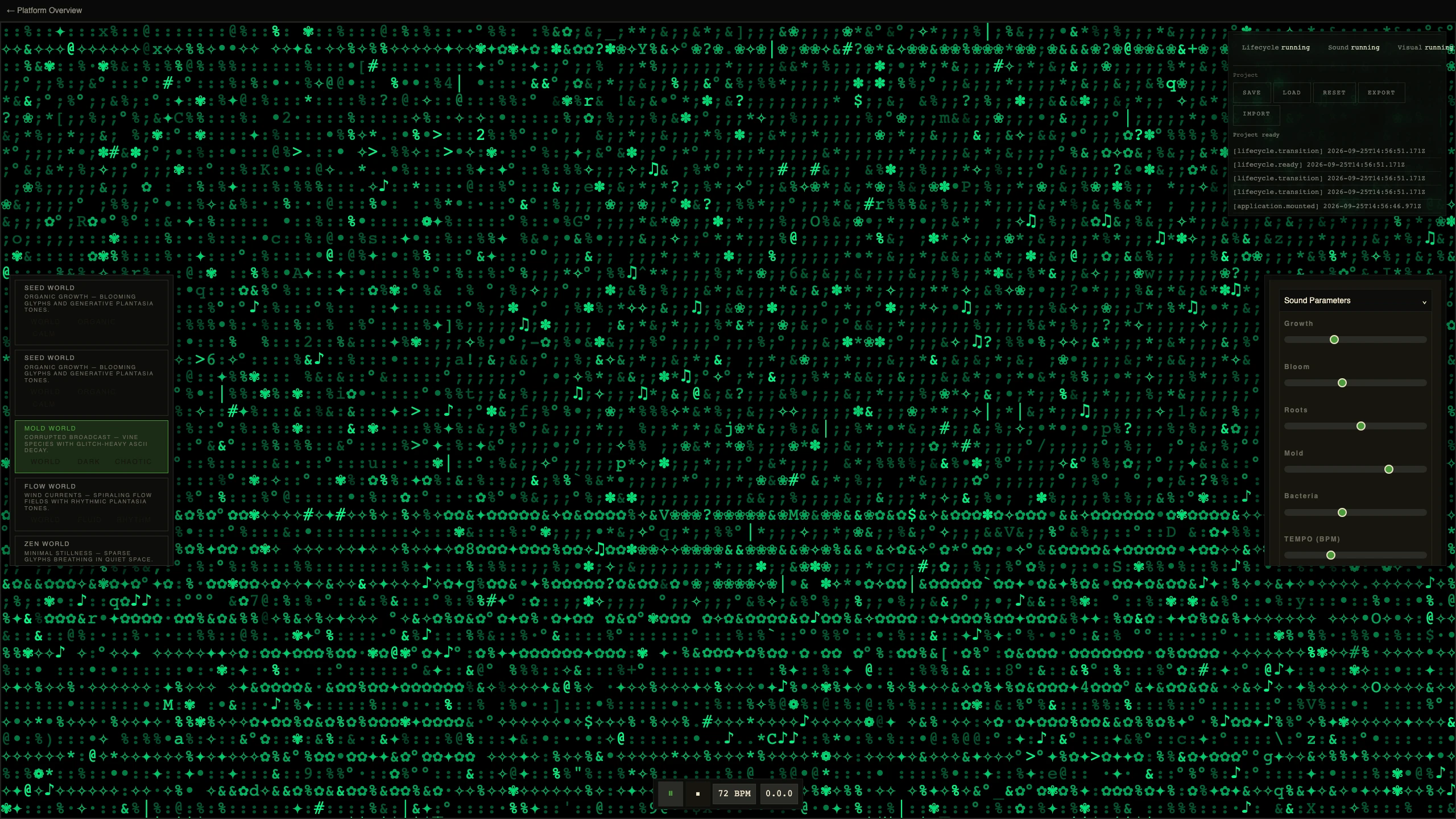 Mold world: corrupted broadcast, a dense decaying ASCII field of vine species
