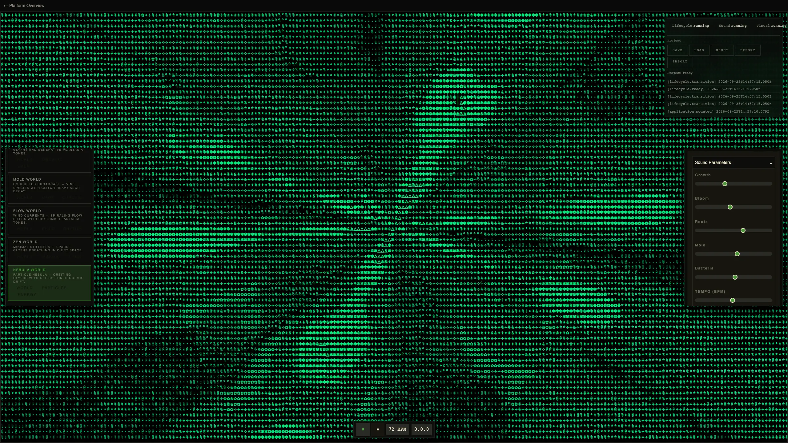 Nebula world: a particle nebula of orbiting glyphs with glitch-toned drift