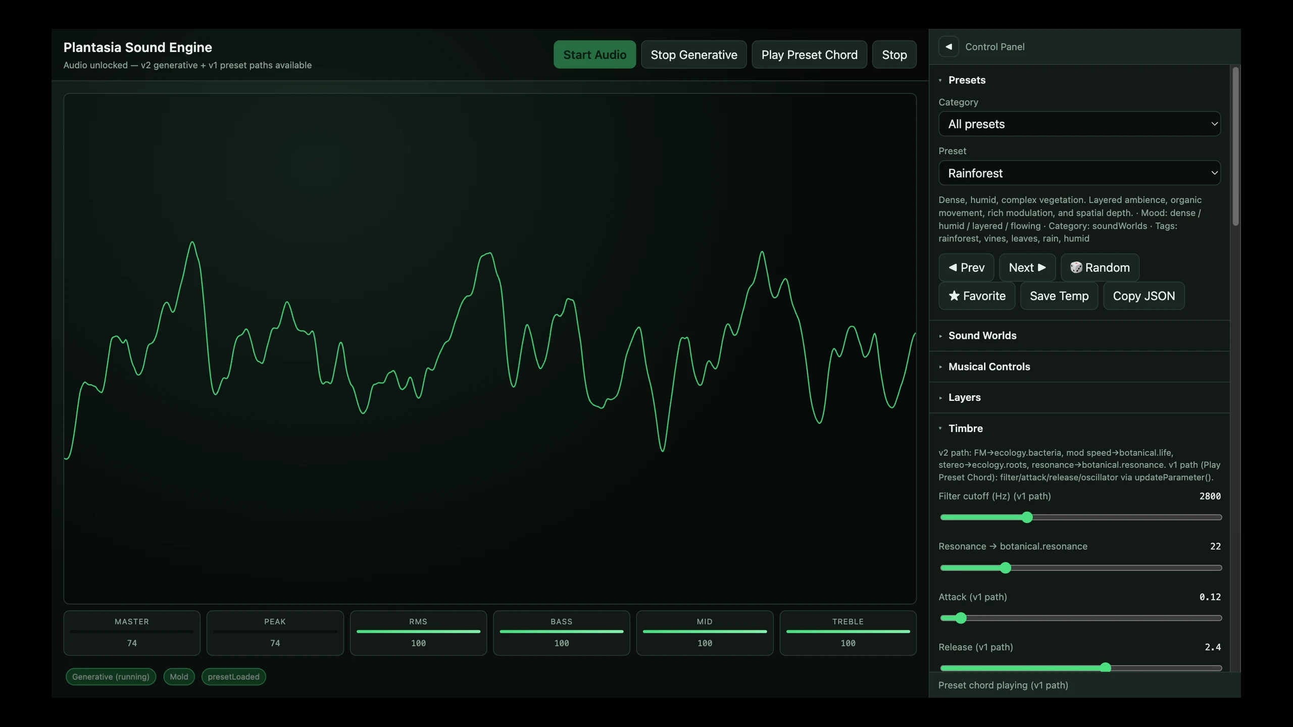 The Timbre section with Rainforest loaded: filter cutoff, resonance, attack, and release beside a dense waveform