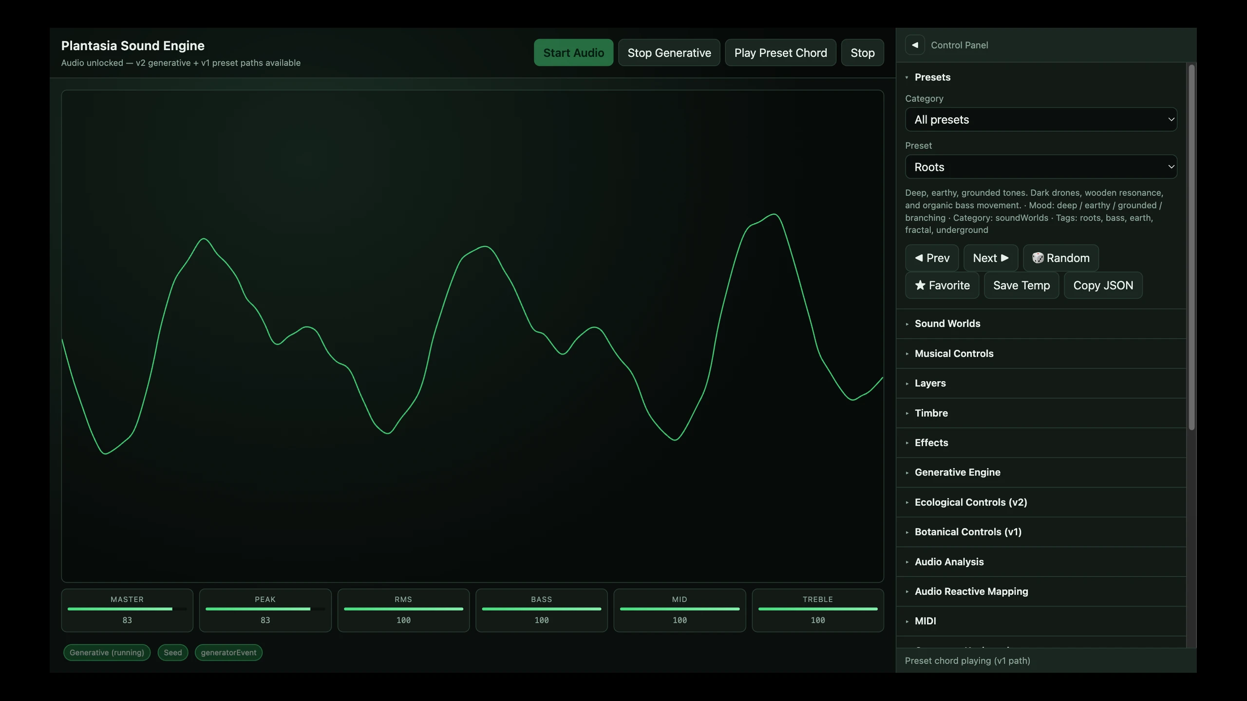 The Performance Macros section with Roots loaded, above the live waveform