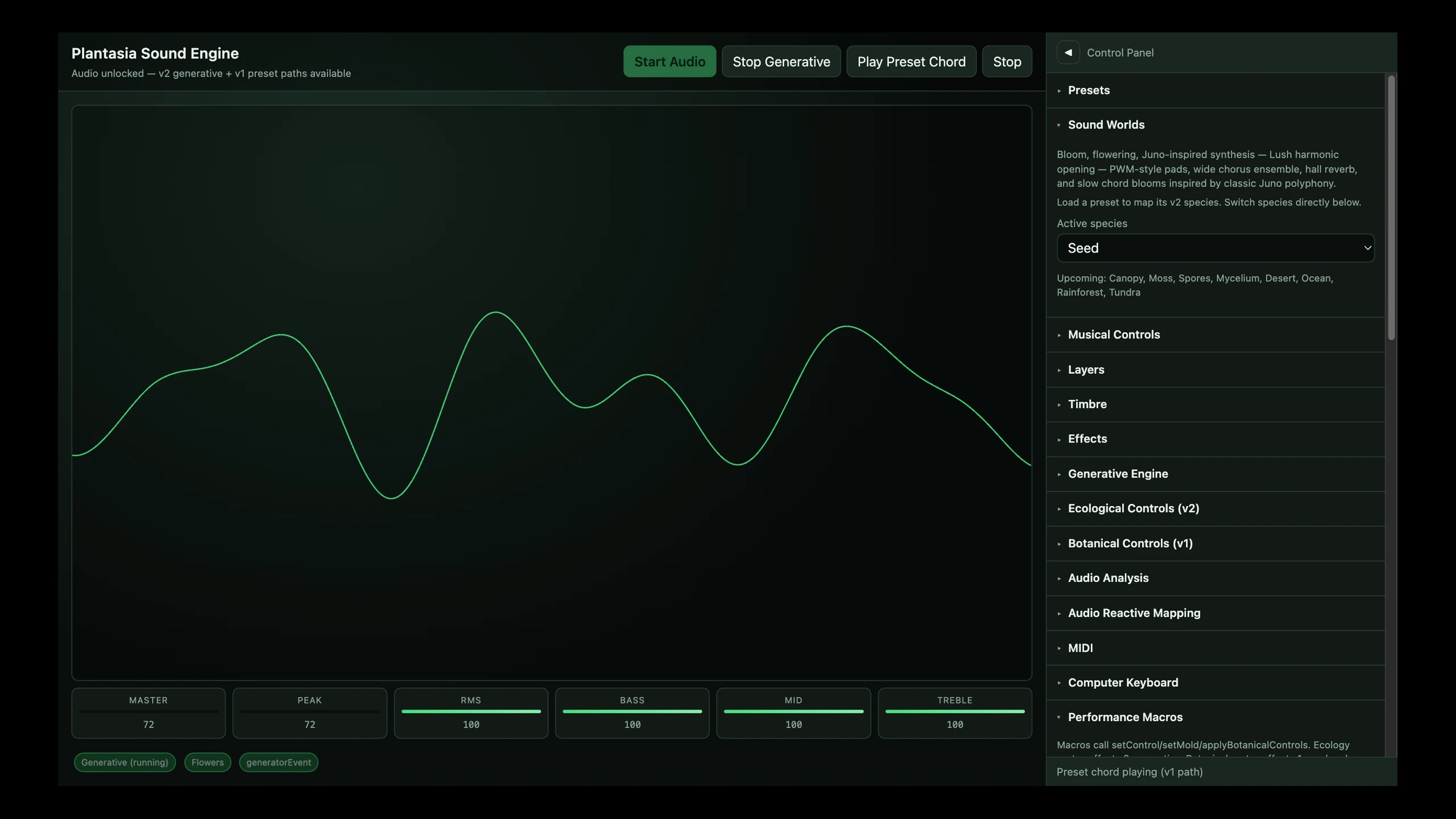 The control surface: waveform stage, transport buttons, meters, live event chips, and the Sound Worlds section open with Seed as the active species