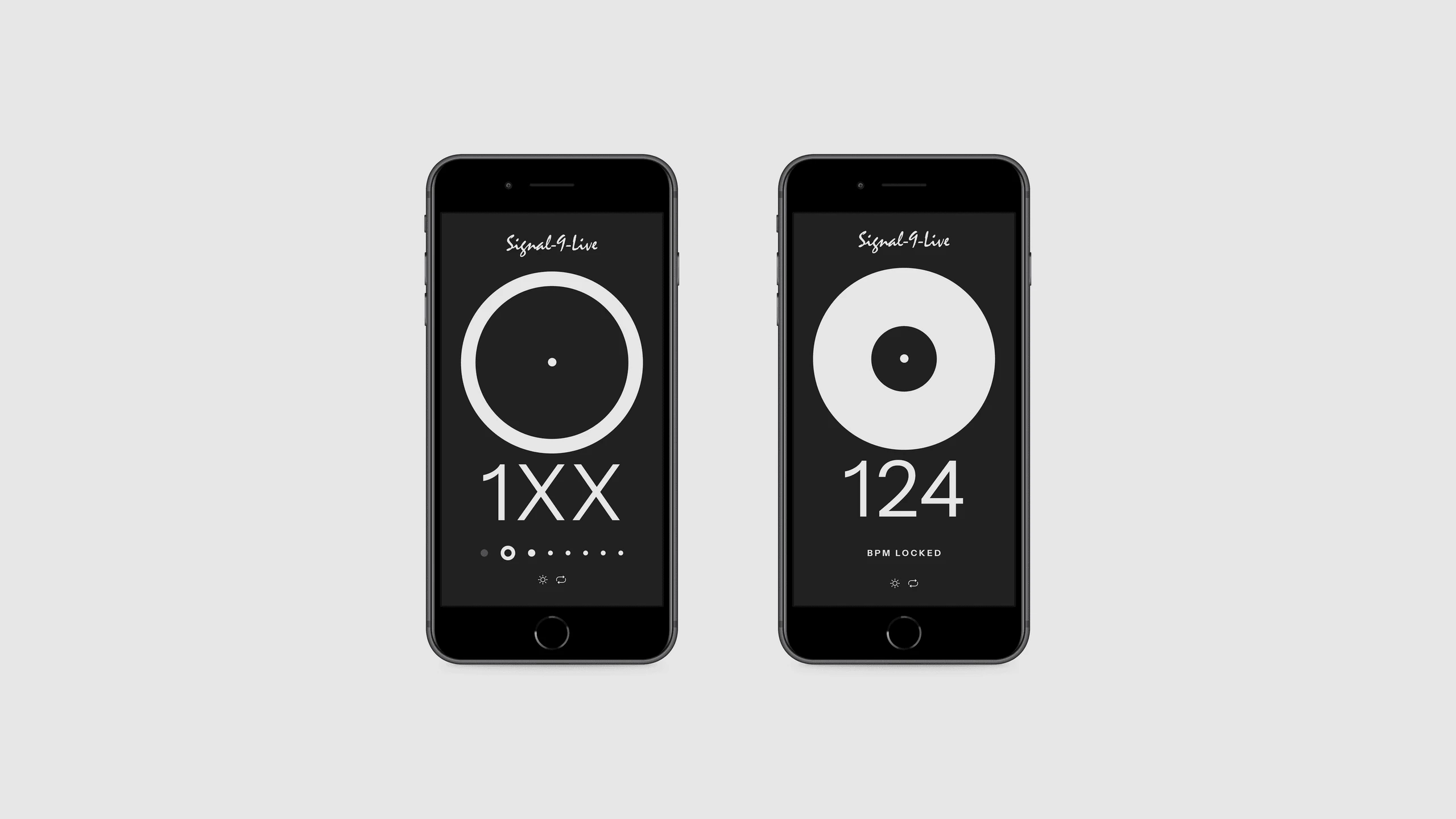 Dark theme mobile screens showing measuring and stable Tap-BPM states